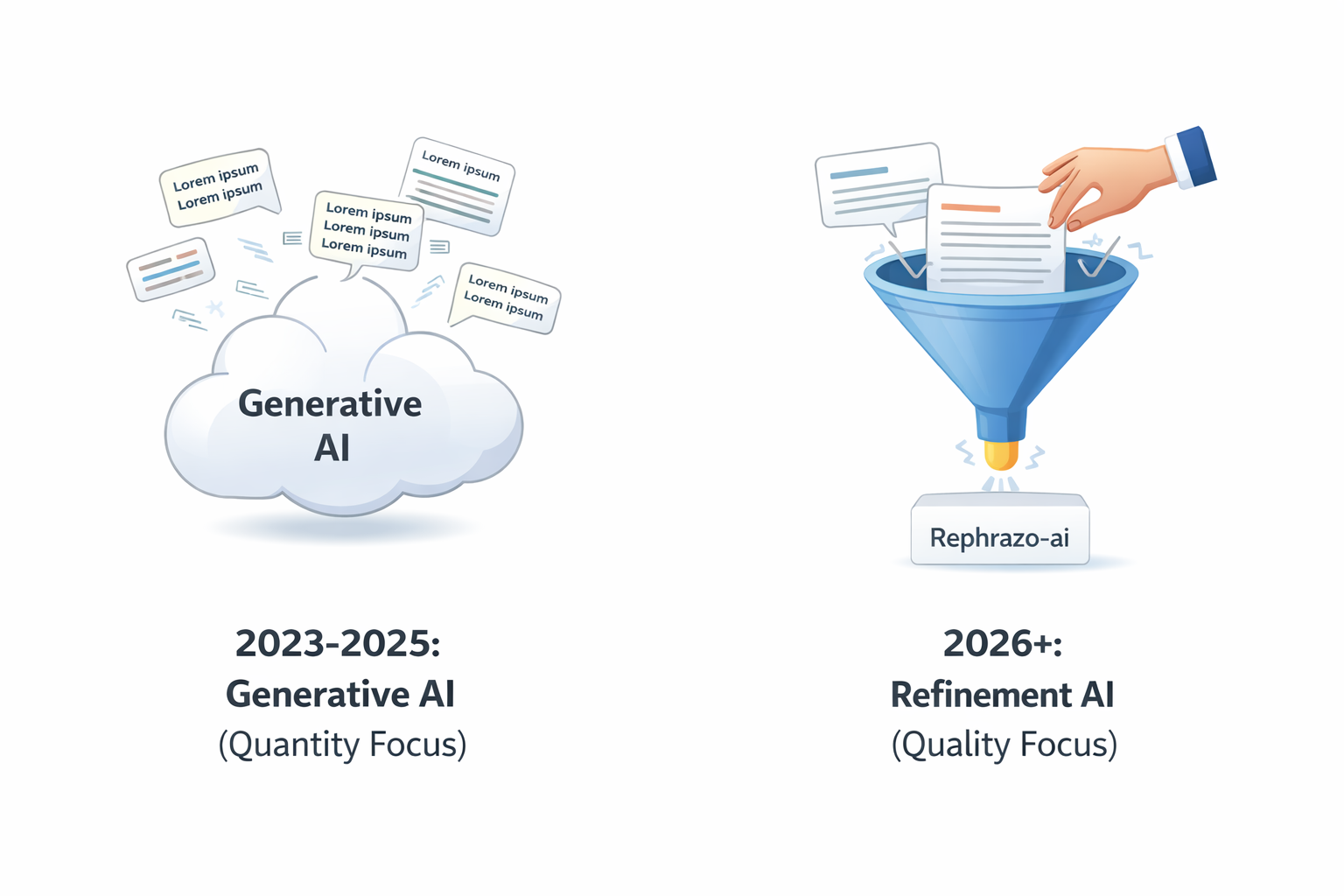 AI Writing Evolution: From Generative AI cloud with generic outputs to Refinement AI funnel with precision processing